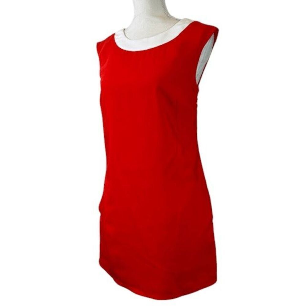 Molly Bracken Shift Dress Red With White Trim‎ Back Cut Out Pockets Size Medium